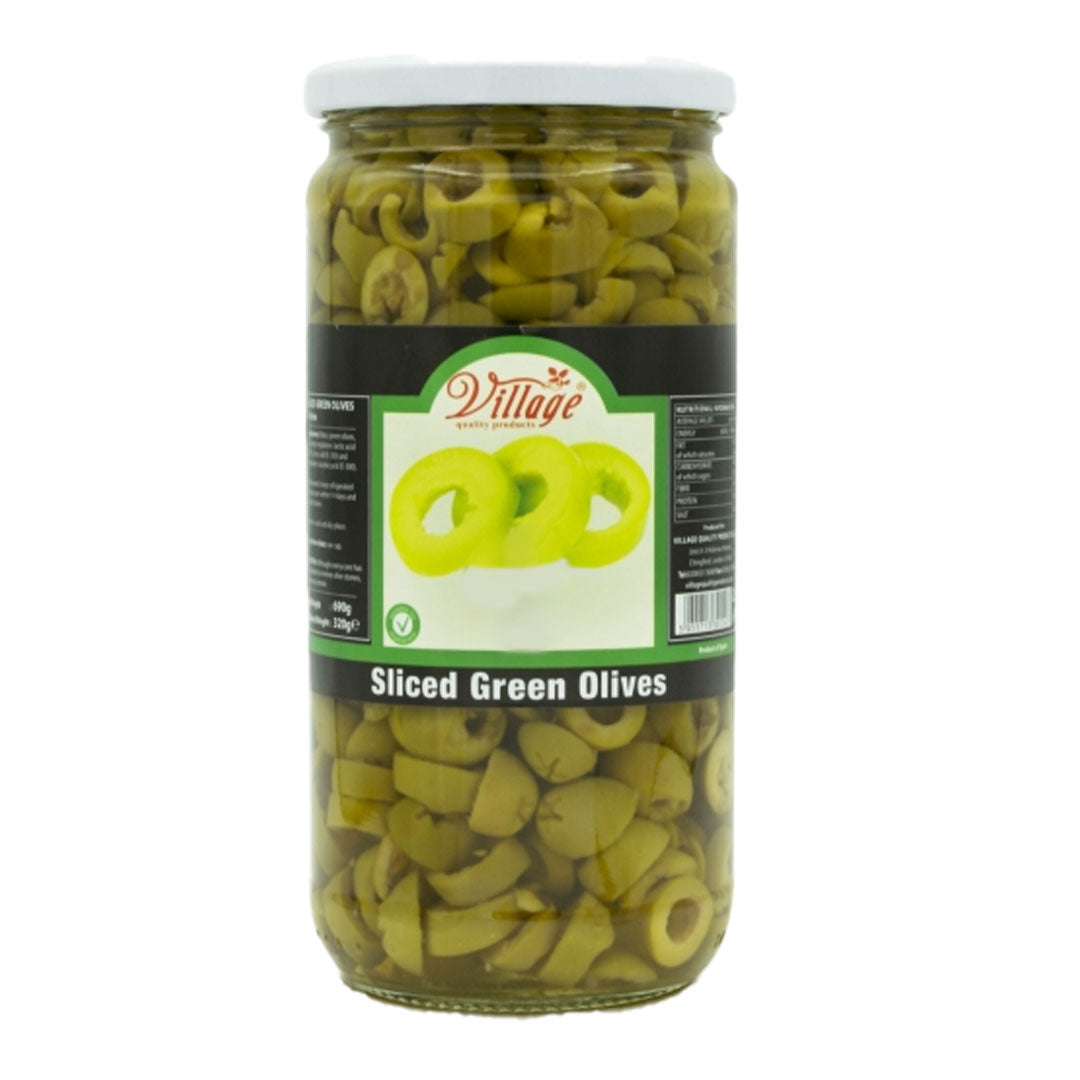 Village sliced green olives 690g