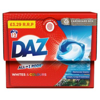 DAZ All-in-1 PODs Washing Liquid Capsules, 12 Washes, Whites & Colours
